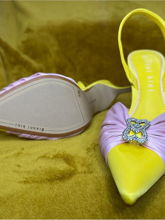 Gianni Bini Shoes - Gianni Bini Yellow and Light Pink Satin Slingback Heels with Crystal Buckle